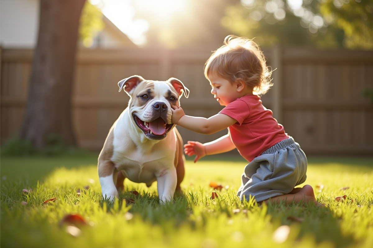 American Bulldog et enfant jouant dans le jardin ensoleille