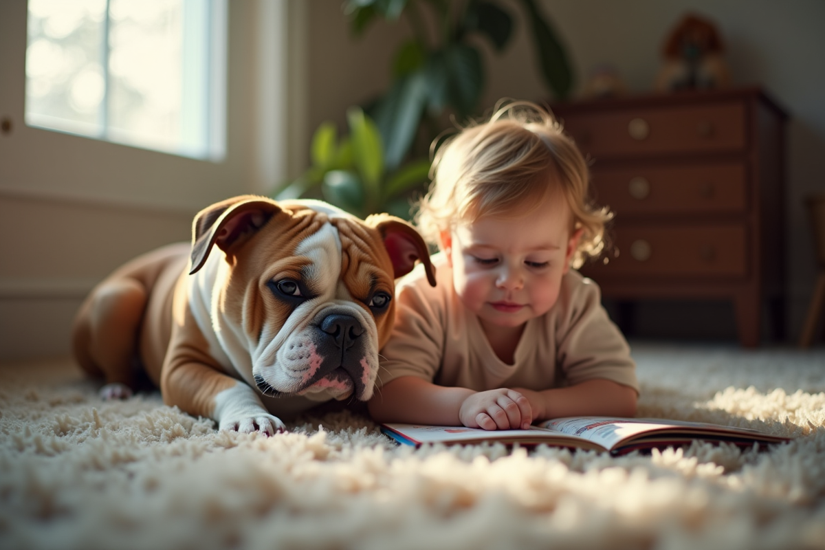 American Bulldog et enfant lisant un livre à l intérieur