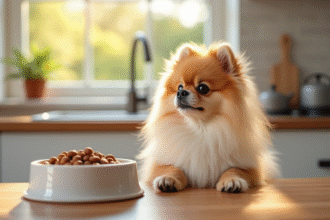 Chien pomeranian assis près d'un bol blanc de nourriture saine