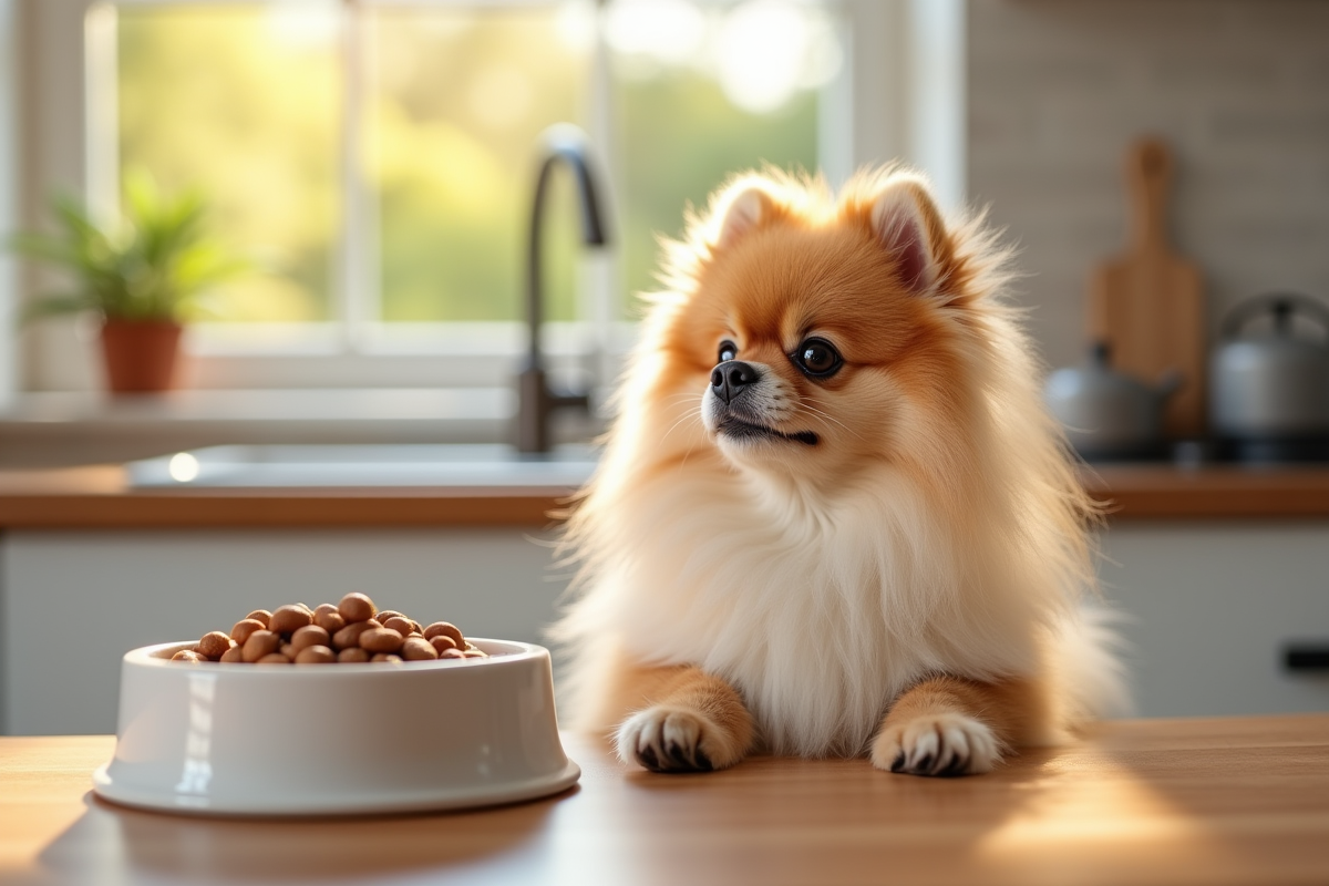 Chien pomeranian assis près d'un bol blanc de nourriture saine
