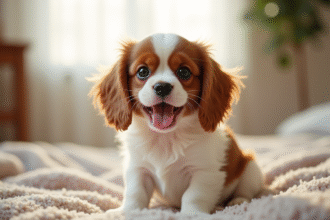Chiot cavalier king charles joyeux sur une couverture