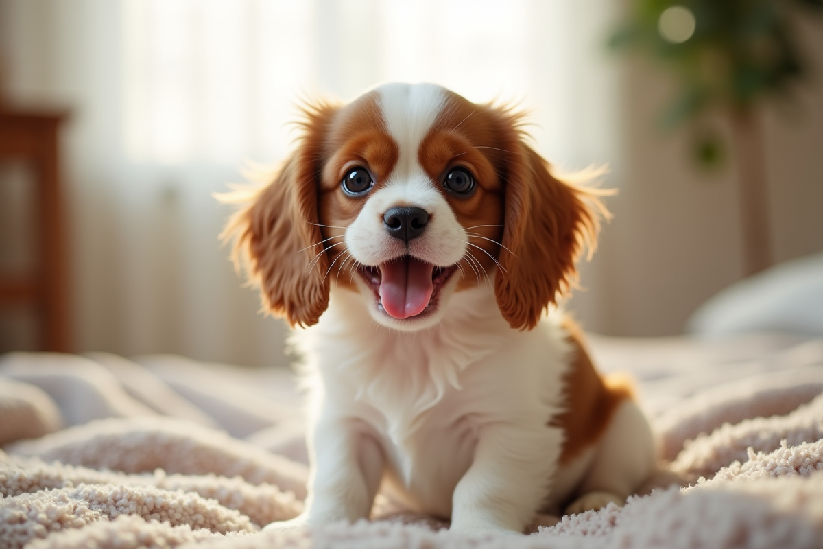 Chiot cavalier king charles joyeux sur une couverture