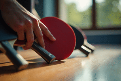 Main d'athlete choisissant une raquette de ping pong sur une table