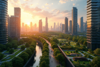 Ciel urbain au lever du soleil avec toits verts et espaces verts