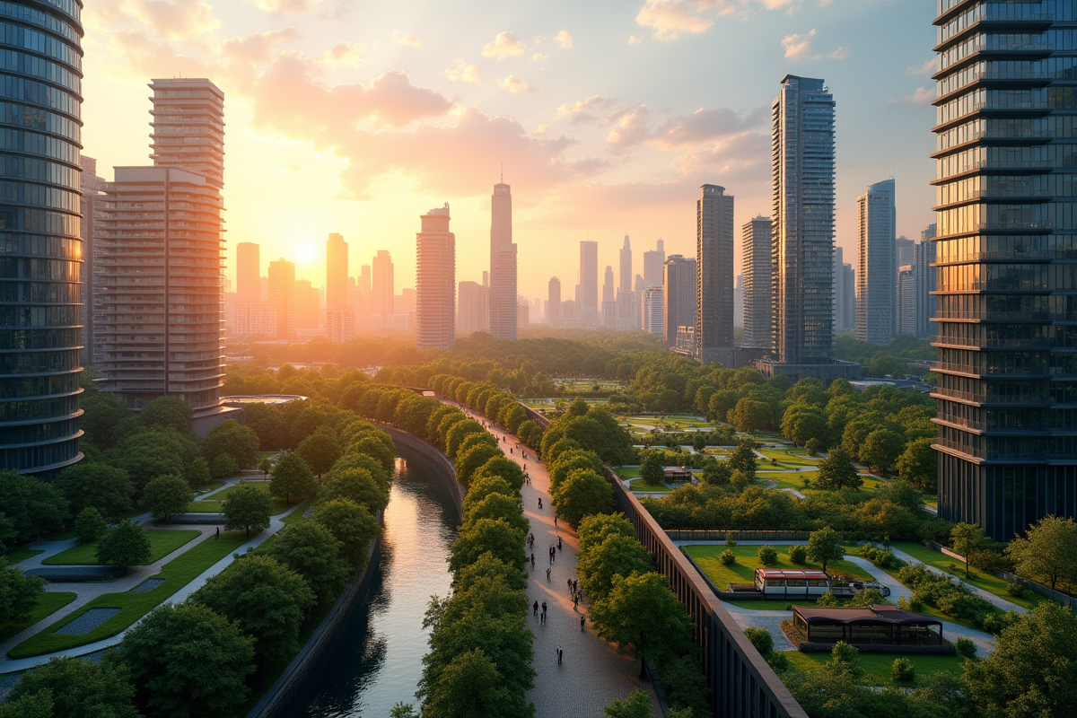 Ciel urbain au lever du soleil avec toits verts et espaces verts