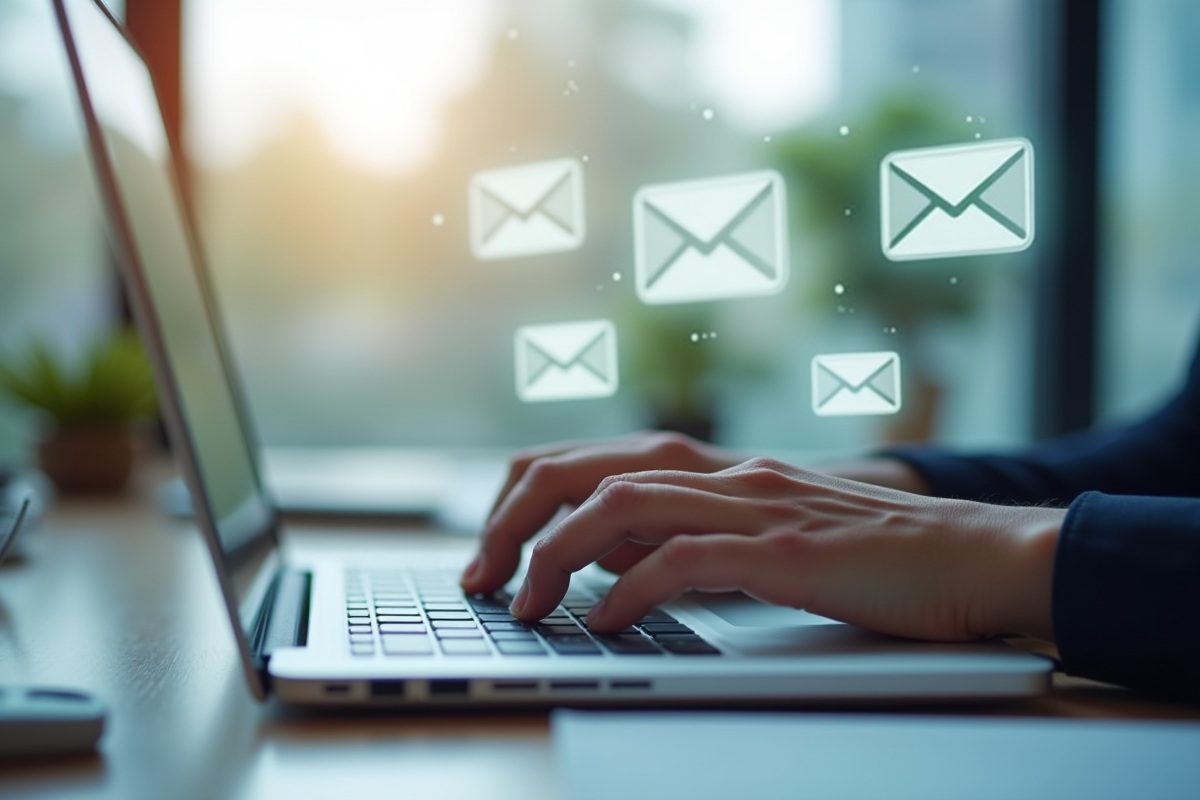 Mains tapant sur un clavier avec icônes email flottantes