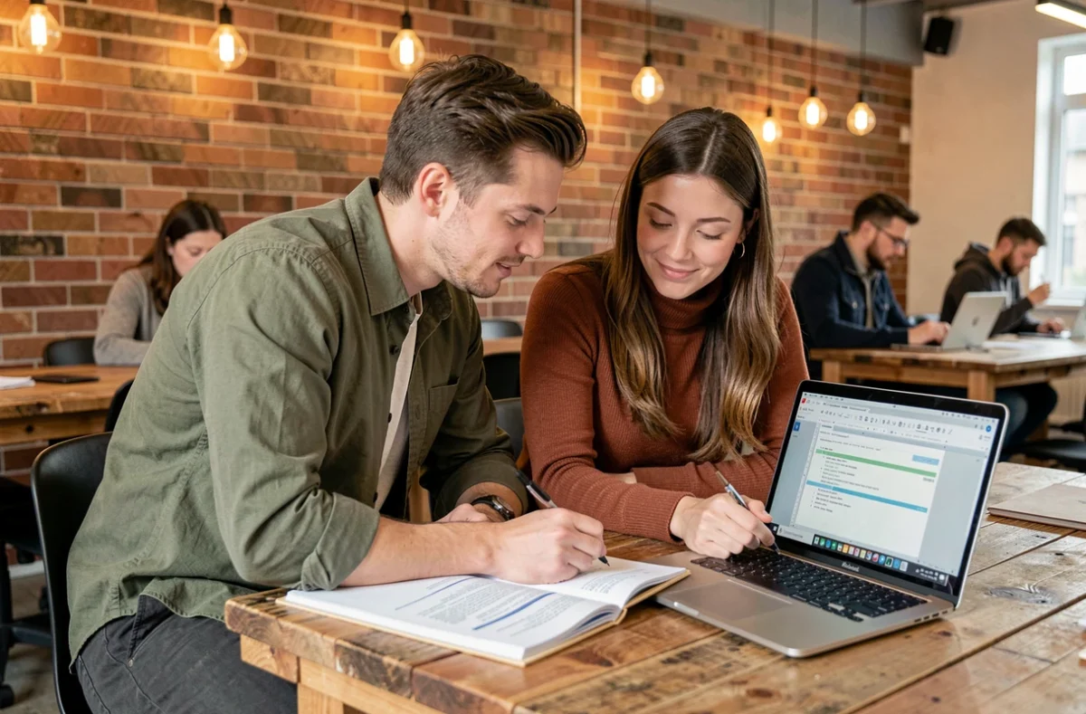 Deux collègues discutant de l'orthographe correcte de coordinateur dans un espace de coworking