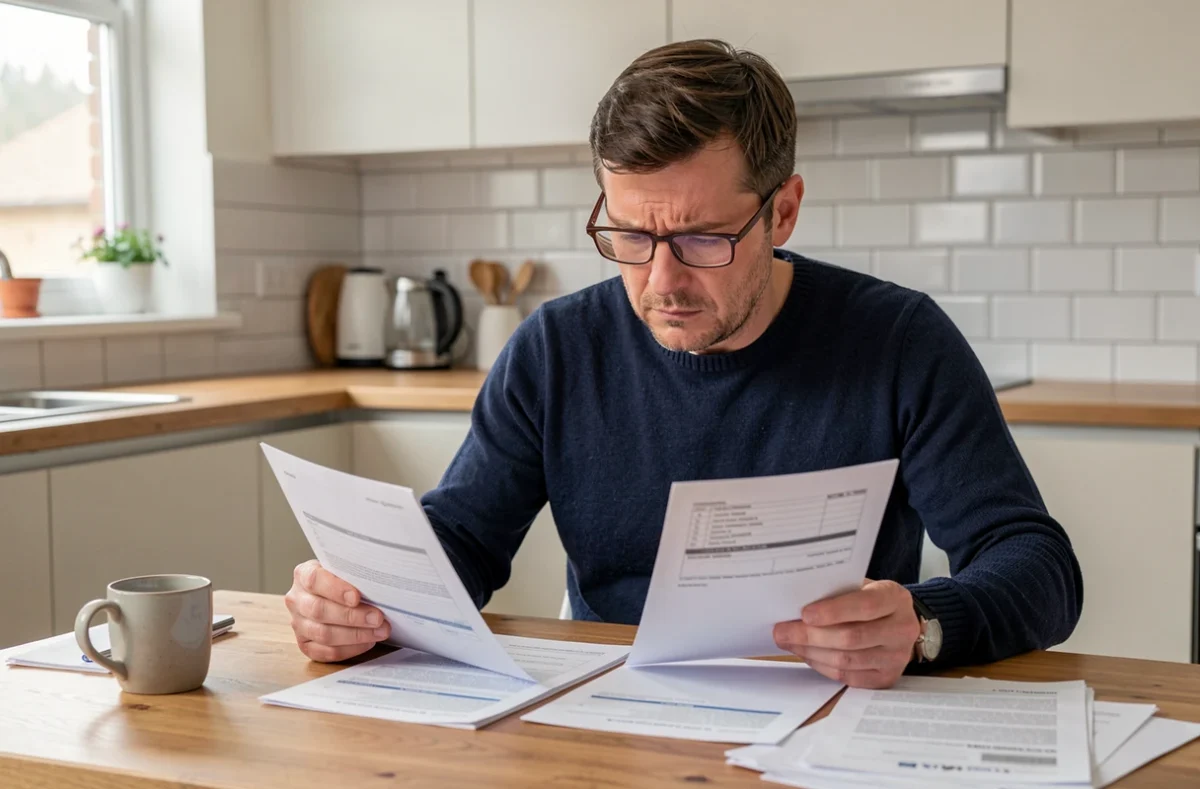 Homme comparant des contrats d'assurance emprunteur pour un prêt à la consommation à domicile