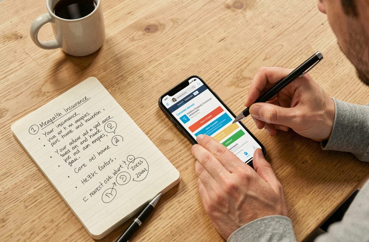 Vue de dessus d'une personne comparant des offres de mutuelle sur smartphone avec des notes manuscrites