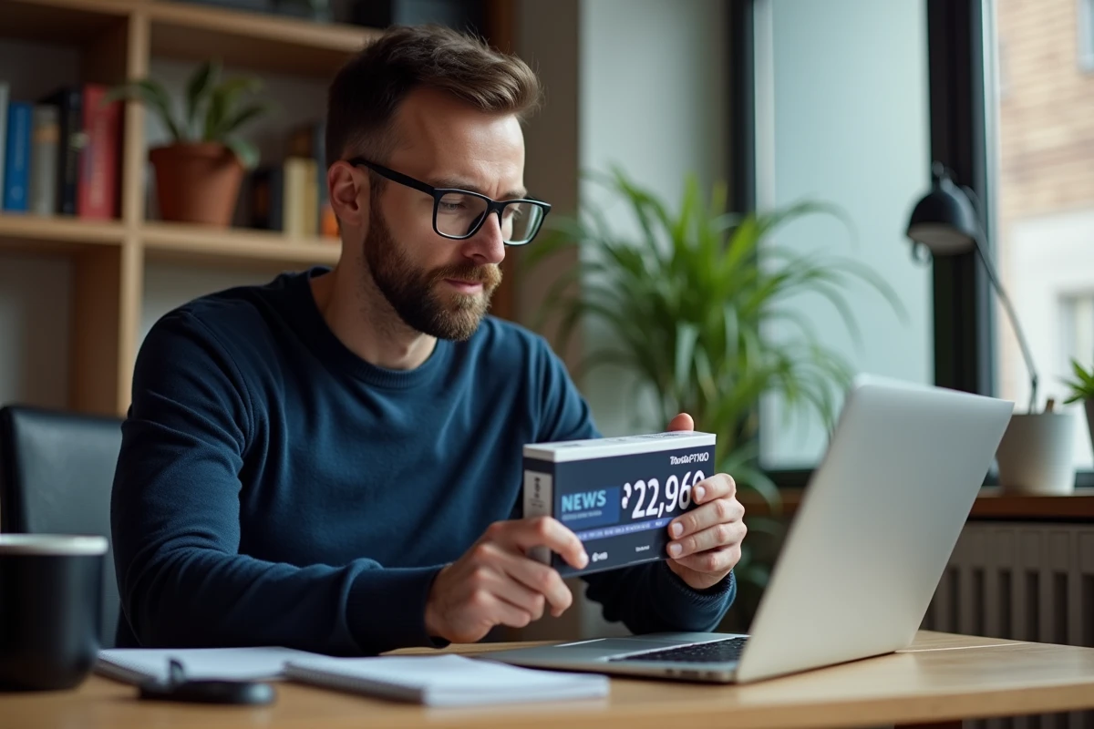 Homme comparant les prix d'une cartouche NEWS en ligne depuis son bureau à domicile au Luxembourg