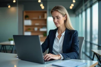 Collaboratrice juridique accédant à la plateforme Avocat en ligne depuis un bureau de cabinet, illustrant la gestion des droits d'accès pour collaborateurs