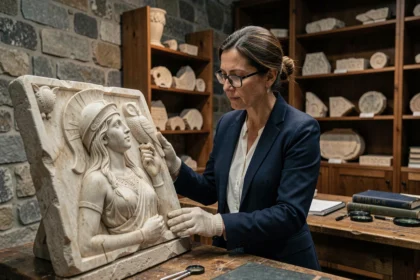Conservatrice de musée examinant un bas-relief en marbre représentant la déesse Athéna dans une salle de conservation historique