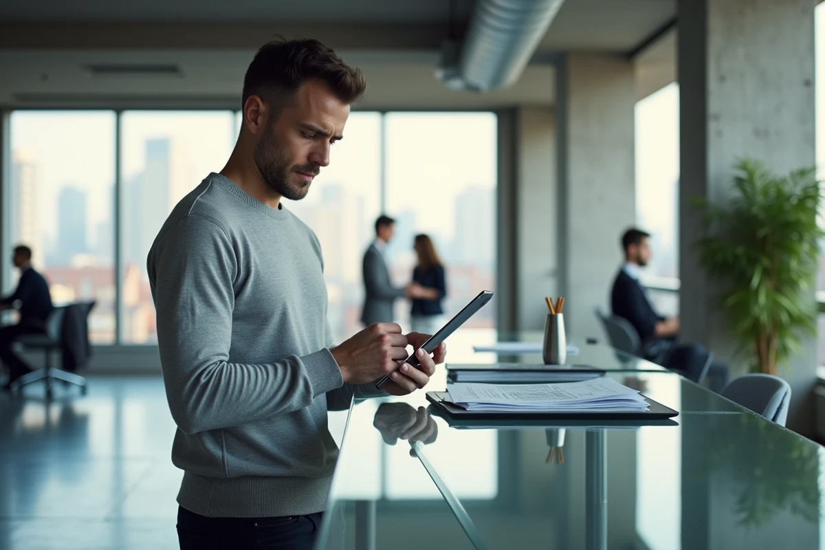 Professionnel consultant un média en ligne spécialisé sur une tablette dans un espace de coworking moderne