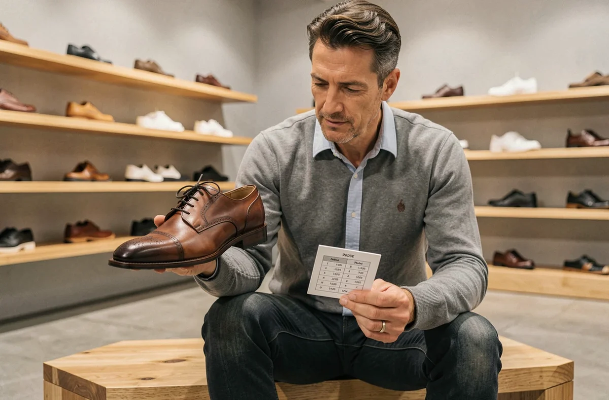 Homme consultant un tableau de conversion de pointures en pouces et centimètres dans un magasin de chaussures