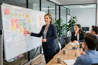 Coordinatrice de projet présentant un planning à son équipe dans un bureau moderne