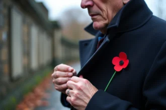 Homme âgé portant un coquelicot rouge épinglé sur son manteau devant un monument aux morts le 11 novembre