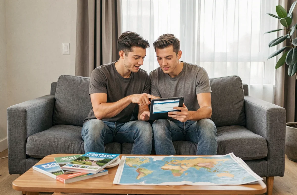 Couple comparant des offres d'assurance voyage en ligne sur une tablette dans leur salon avant un départ en vacances