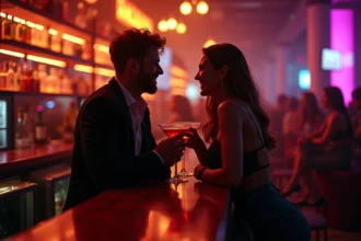 Couple souriant qui trinque dans une boîte de nuit à Perpignan, ambiance chaleureuse au bar