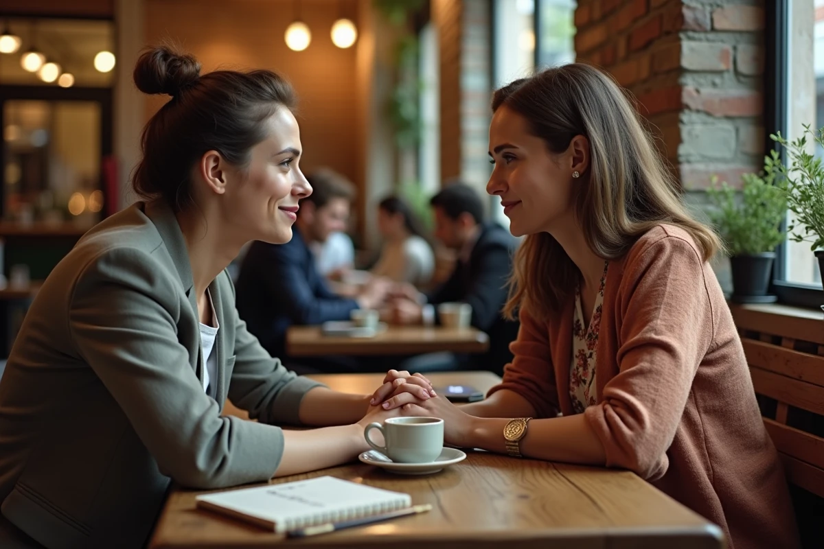 Couple se tenant les mains dans un café avec un téléphone affichant 11h22, illustrant l'amour et le message spirituel de cette heure miroir