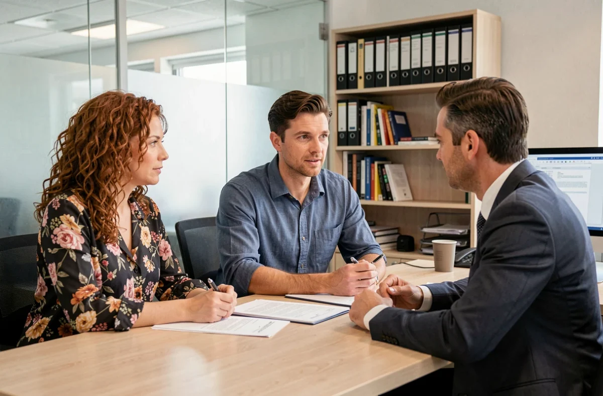 Couple en rendez-vous avec un conseiller bancaire pour discuter de l'assurance obligatoire sur un prêt à la consommation