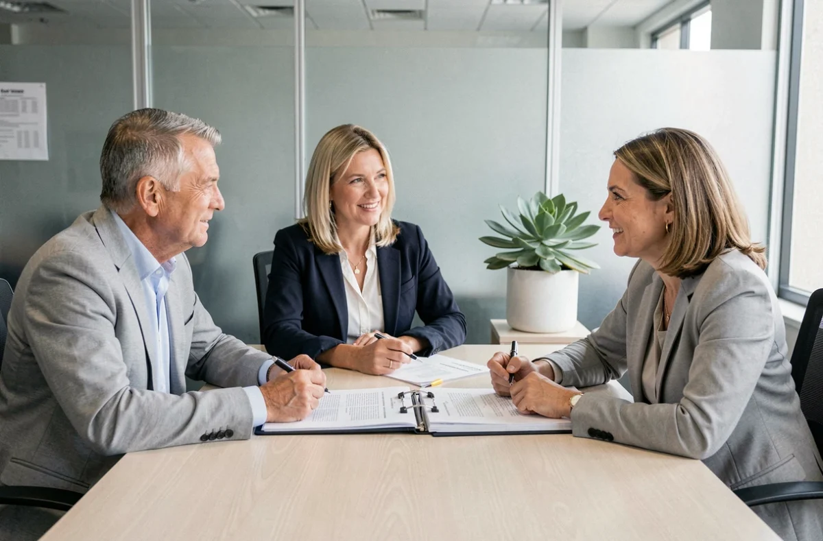 Couple en rendez-vous avec un conseiller mutuelle dans une agence professionnelle