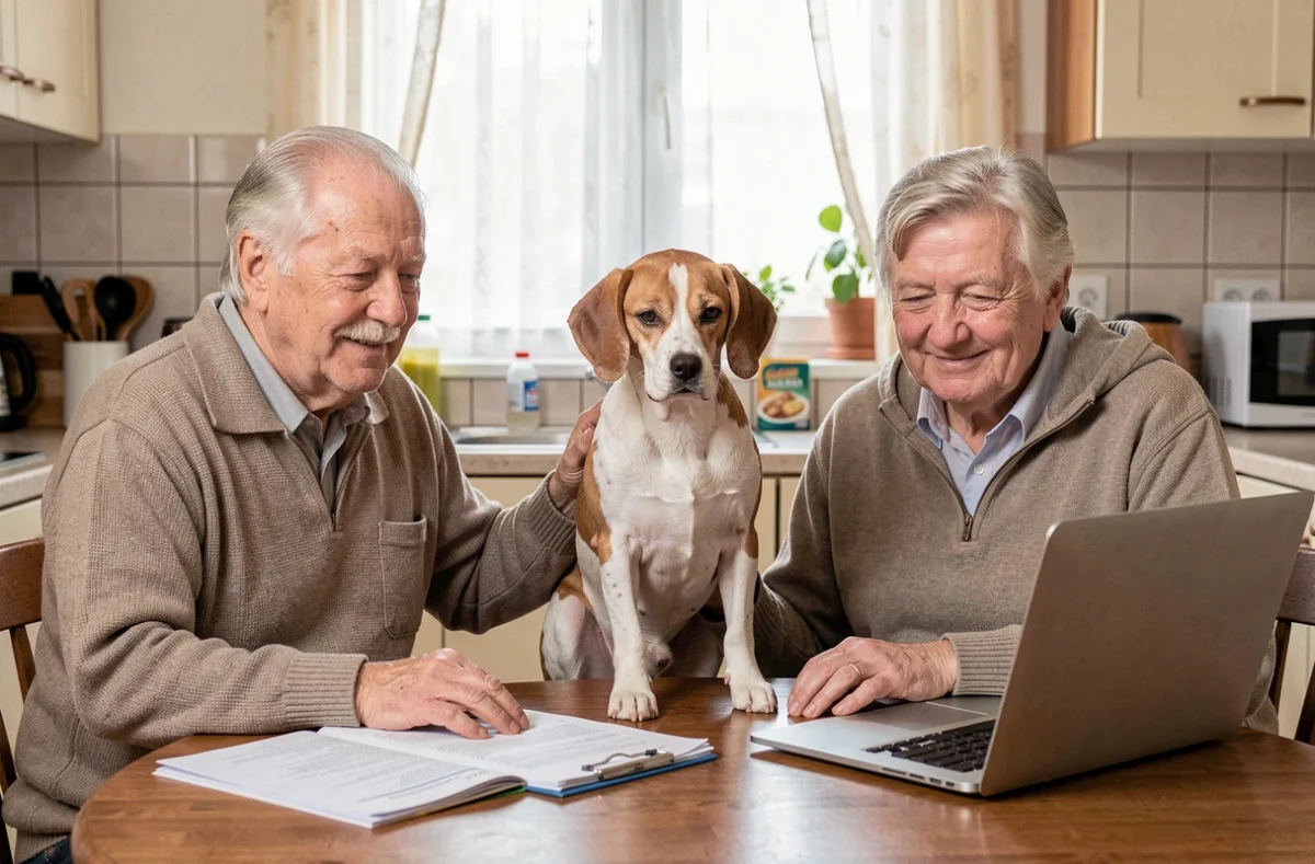 Couple de retraités avec leur vieux beagle consultant des documents d'assurance à la cuisine, représentant l'assurance chien sans limite d'âge pour animaux âgés