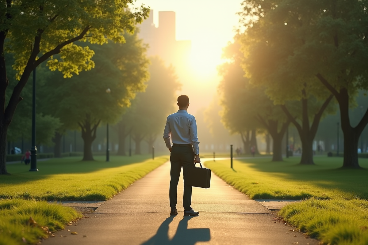 Personne au croisement dans un parc en matinée regardant vers un nouveau chemin