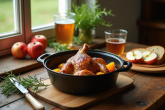 Table rustique avec ragoût de lapin au cidre et pain artisanal