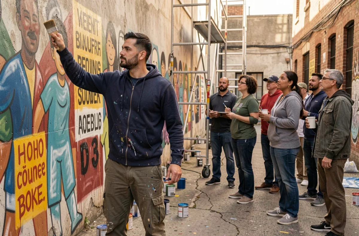 Dan Reynolds d'Imagine Dragons participant à la création d'une fresque murale communautaire en milieu urbain en 2026, entouré de bénévoles engagés