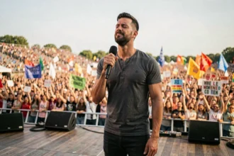 Dan Reynolds, chanteur d'Imagine Dragons, sur scène lors d'un concert en plein air en 2026, microphone en main dans un moment d'émotion intense face à la foule