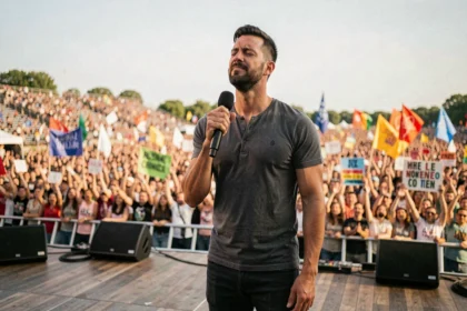 Dan Reynolds, chanteur d'Imagine Dragons, sur scène lors d'un concert en plein air en 2026, microphone en main dans un moment d'émotion intense face à la foule