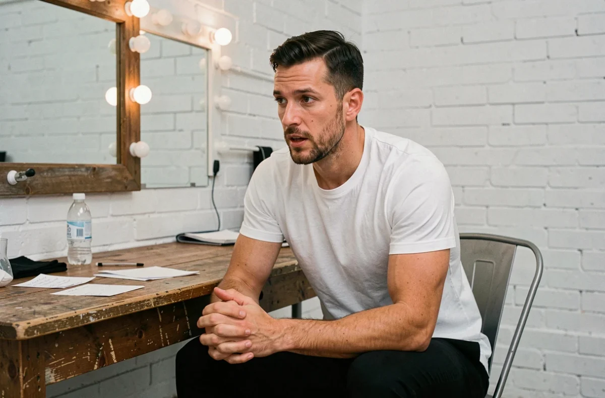 Dan Reynolds d'Imagine Dragons en interview dans sa loge backstage, posture engagée et regard concentré, ambiance coulisses intimiste en 2026