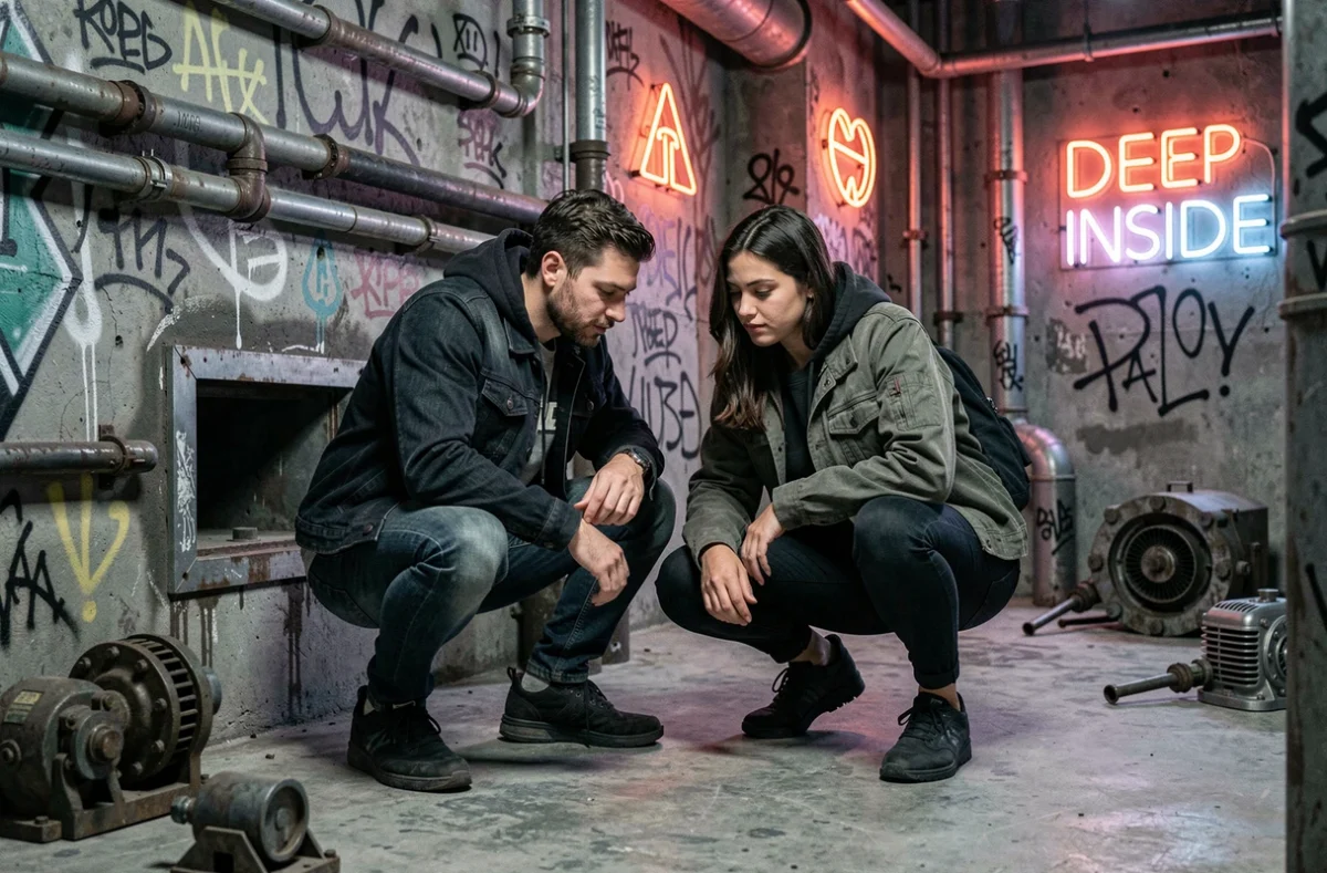 Joueurs explorant une salle souterraine industrielle de l'escape room Deep Inside à Paris