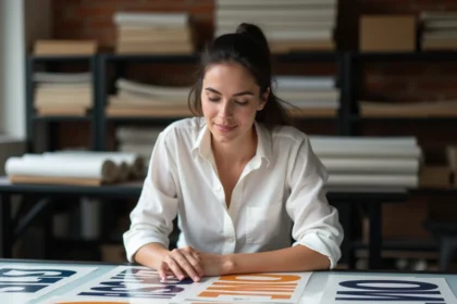 Designer graphique inspectant des affiches typographiques imprimées sur une table lumineuse en atelier professionnel