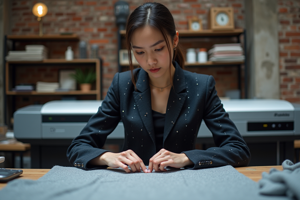 Jeune designer examine un tissu interactif moderne