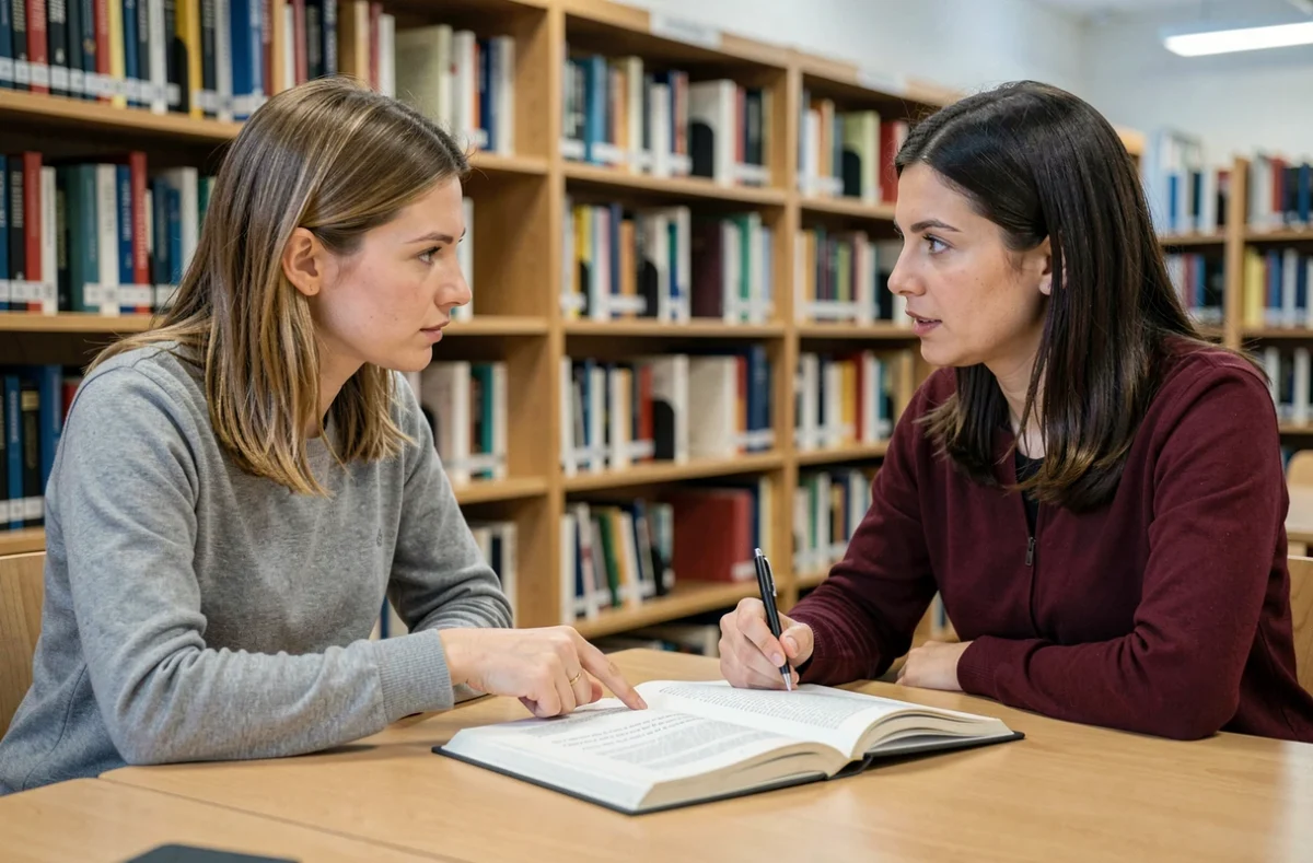 Deux femmes échangeant sur des exemples de phrases en contexte dans une bibliothèque, autour d'un manuel de grammaire française ouvert