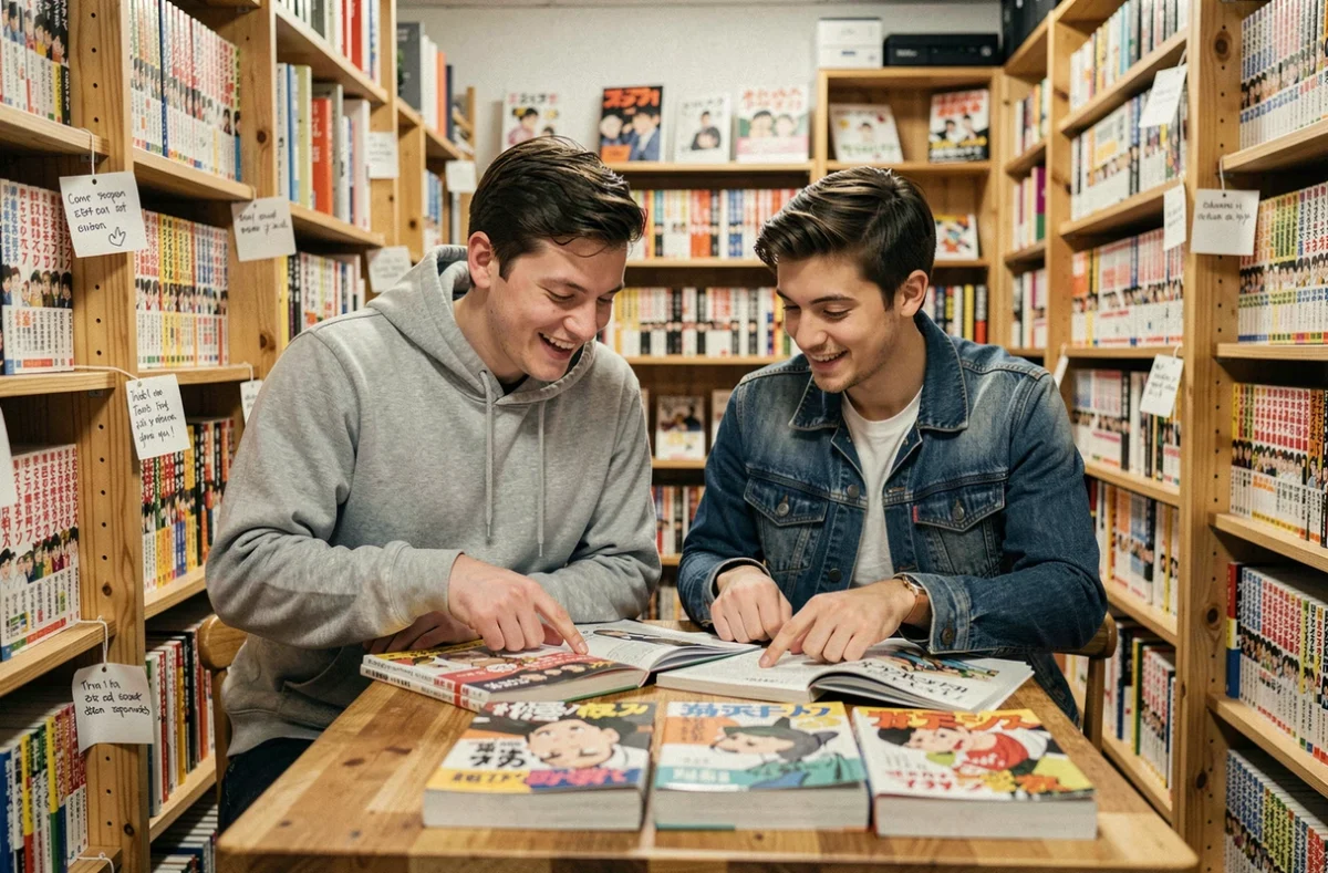 Deux jeunes hommes feuilletant des mangas yaoi dans une librairie indépendante spécialisée