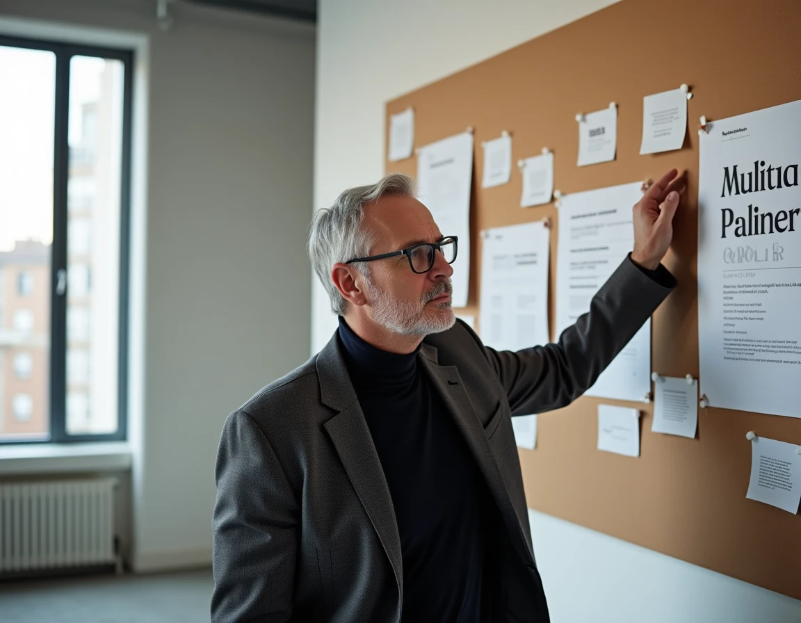 Directeur artistique en agence créative présentant des spécimens typographiques et maquettes d'affiches sur un mur d'épingles
