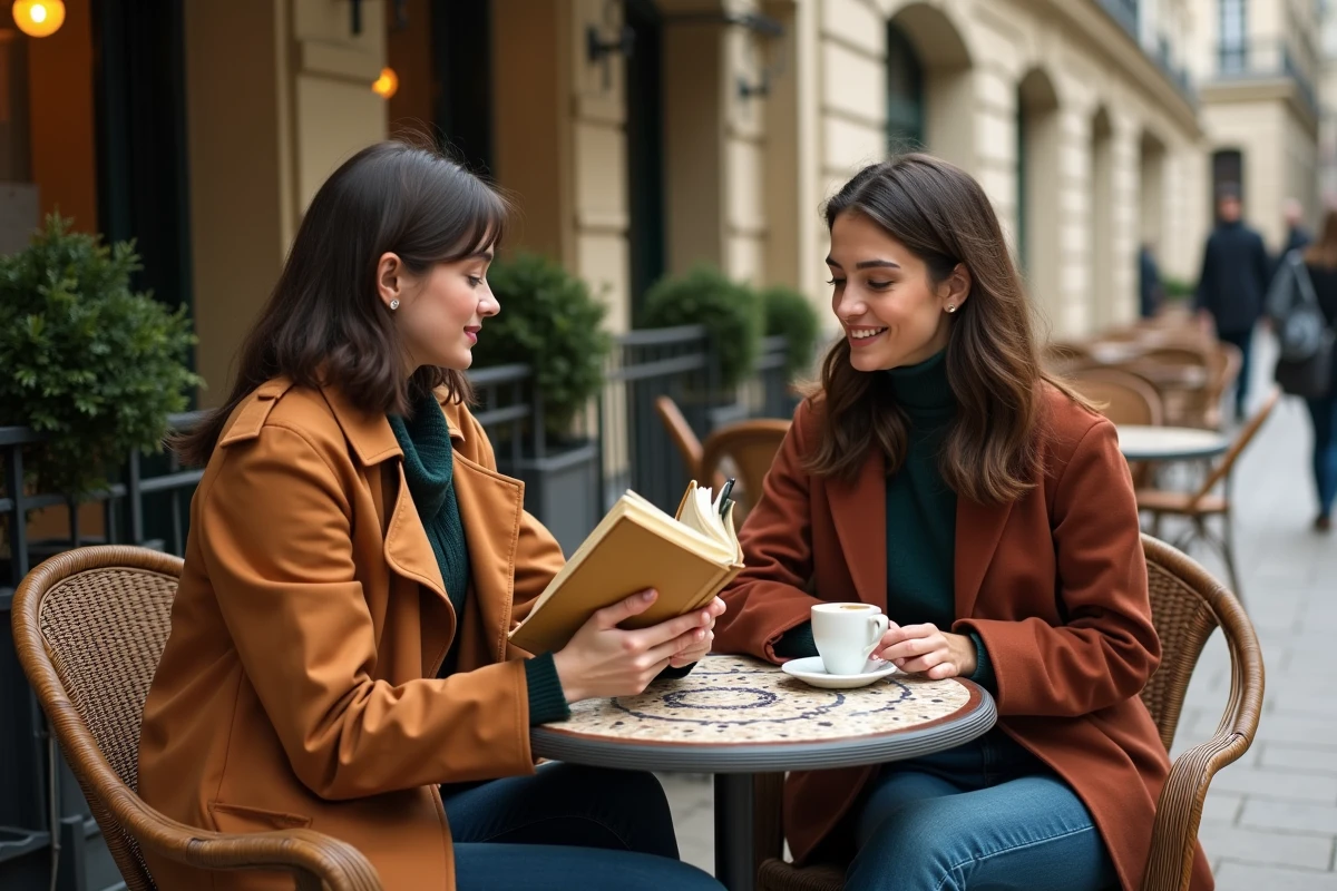 Deux femmes discutant de rimes poétiques dans un café parisien en terrasse à l'automne