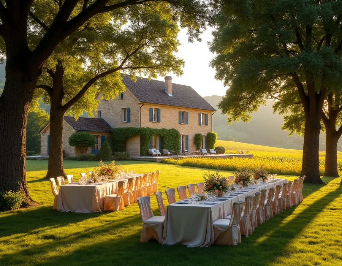 Domaine de Miraval dans le Tarn avec manoir en pierre dorée, tables de réception sur pelouse et collines de tournesols