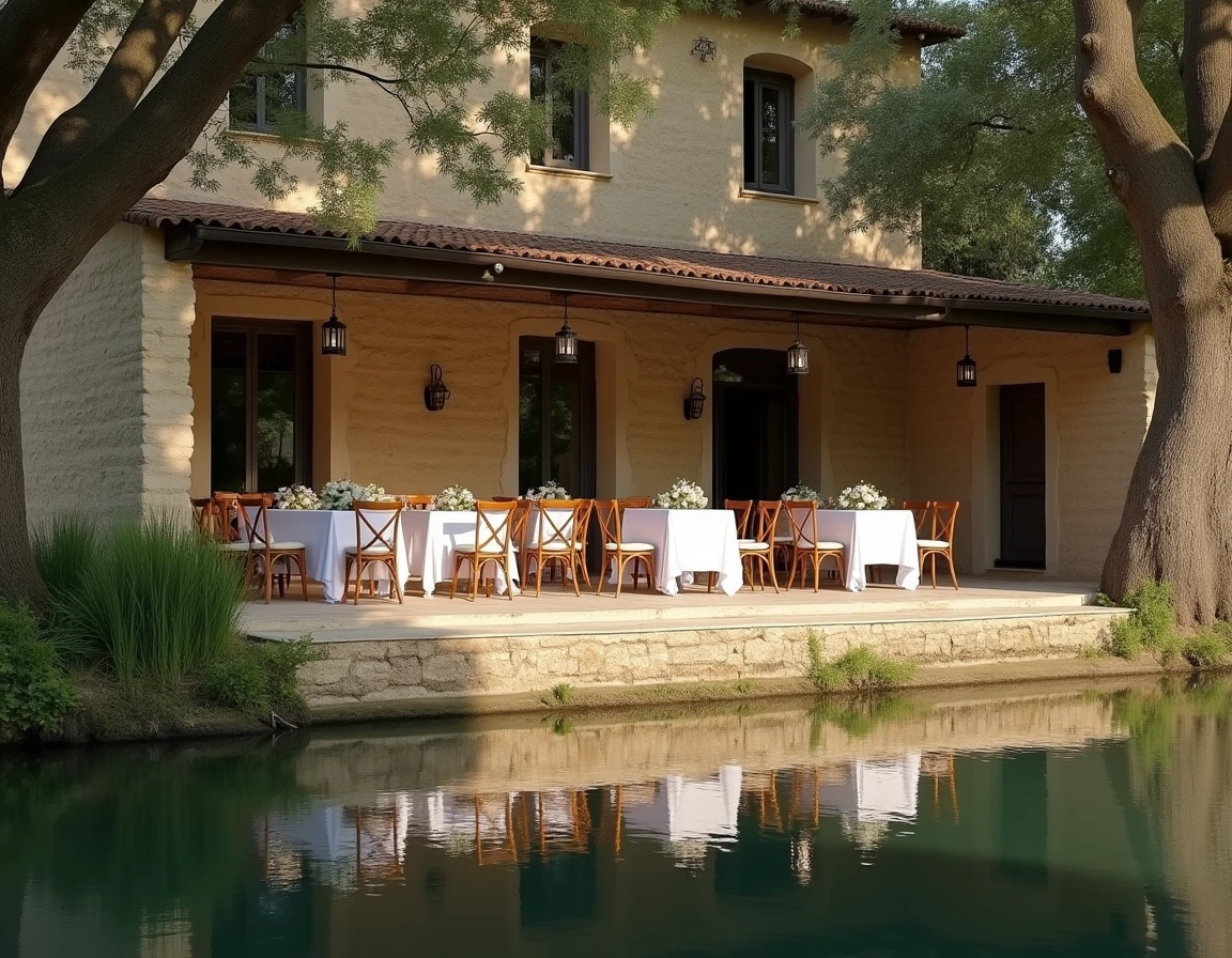 Domaine des Rives à Montpellier avec terrasse de réception au bord de l'eau et reflets de la bâtisse en pierre