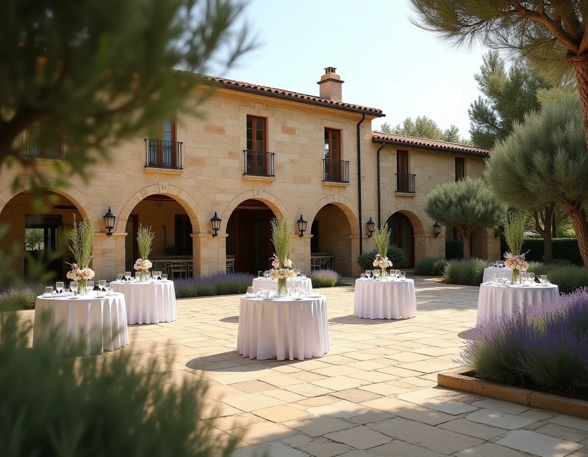 Domaine Le Grand Belly près de Nîmes avec terrasse en pierre dressée pour une réception de mariage entourée d'oliviers