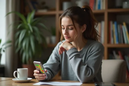 Jeune femme concentrée jouant à un jeu de mots type Wordle sur son smartphone depuis un bureau en bois à domicile