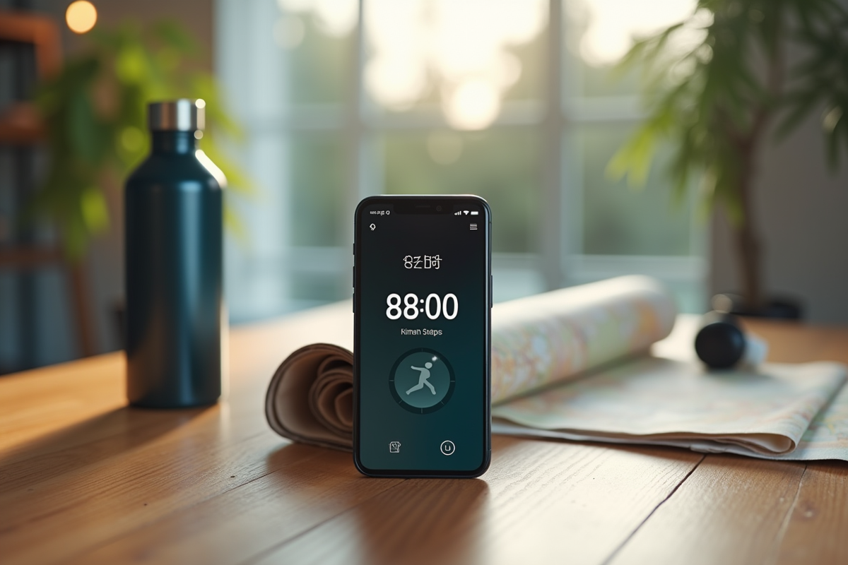 Smartphone affichant un compteur de pas de 8000 avec bouteille d
