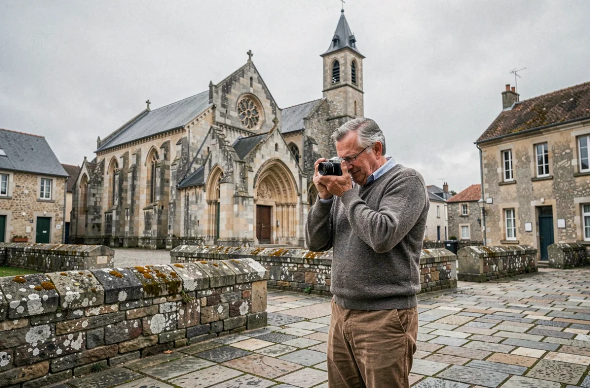 Touriste photographiant l'église romane de Saint-Goussaud sur la place du village pavée de granit