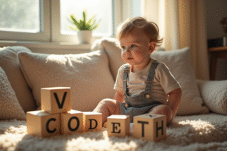 Bébé assis sur un canapé avec blocs alphabet et la lettre V