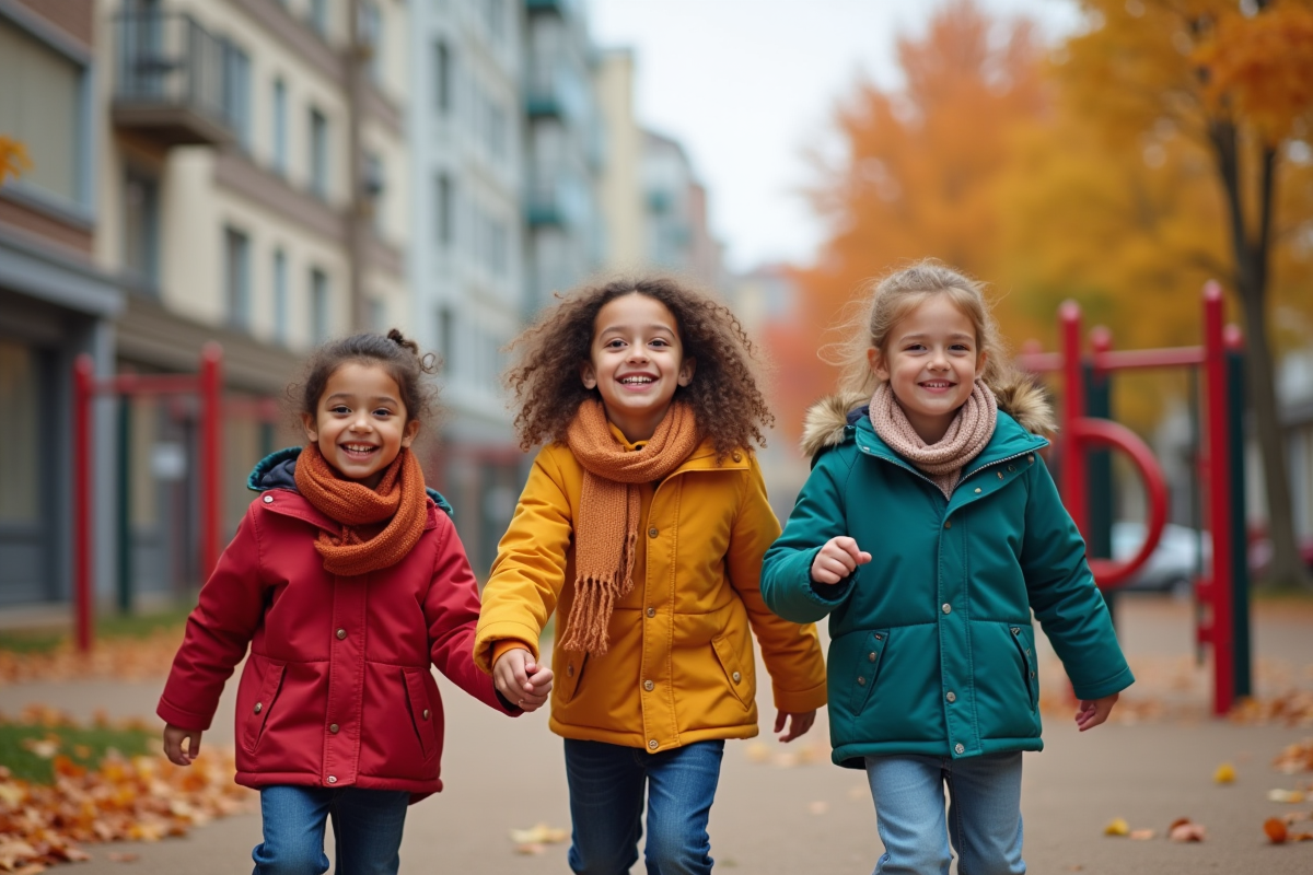 Trois enfants jouant dans un parc en automne avec feuilles