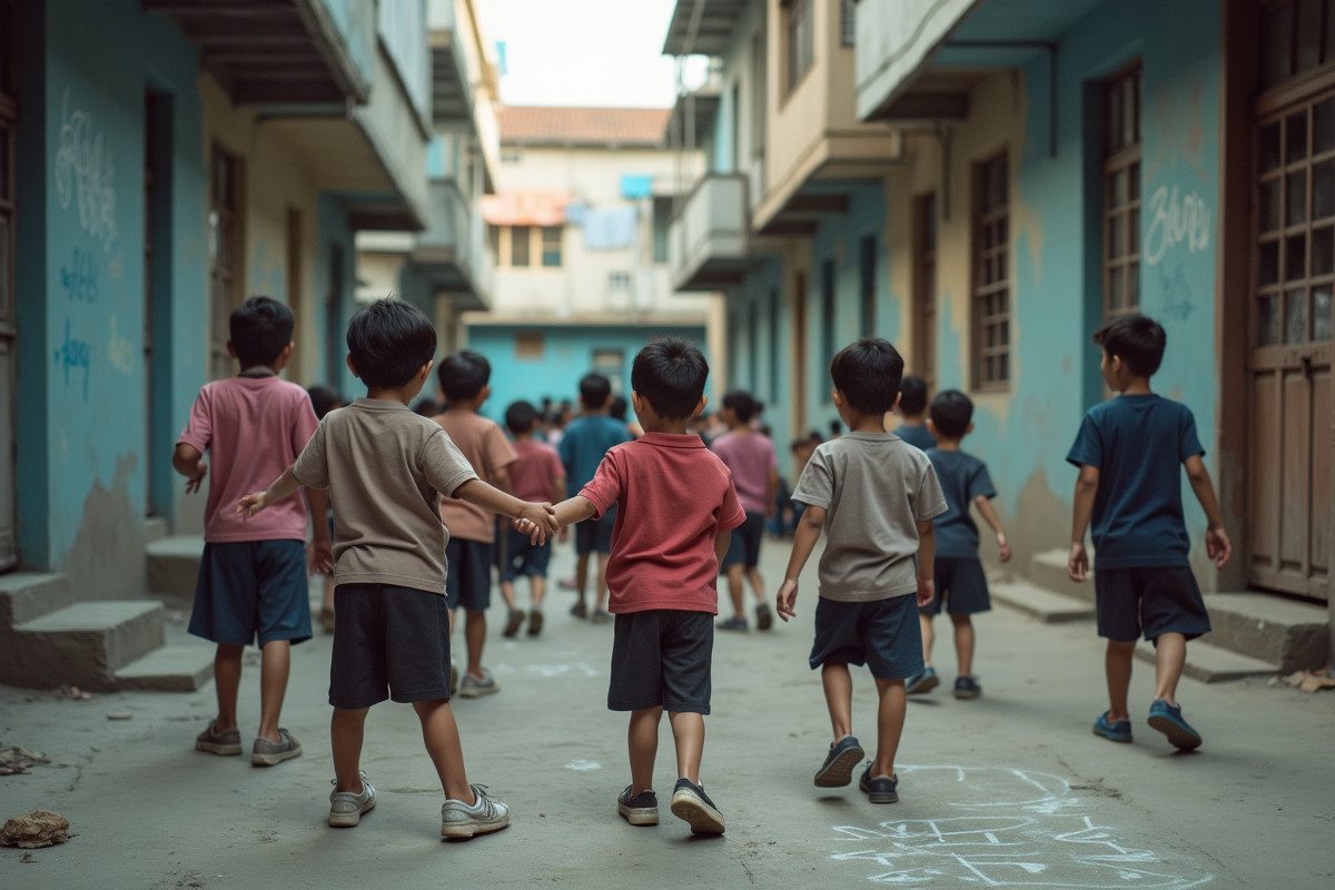 Enfants jouant dans une cour urbaine avec bâtiments