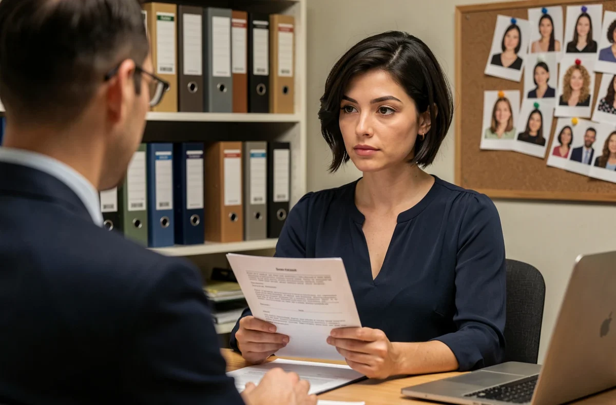 Femme candidate rencontrant un directeur de casting dans un bureau professionnel lors d'un casting de figurants