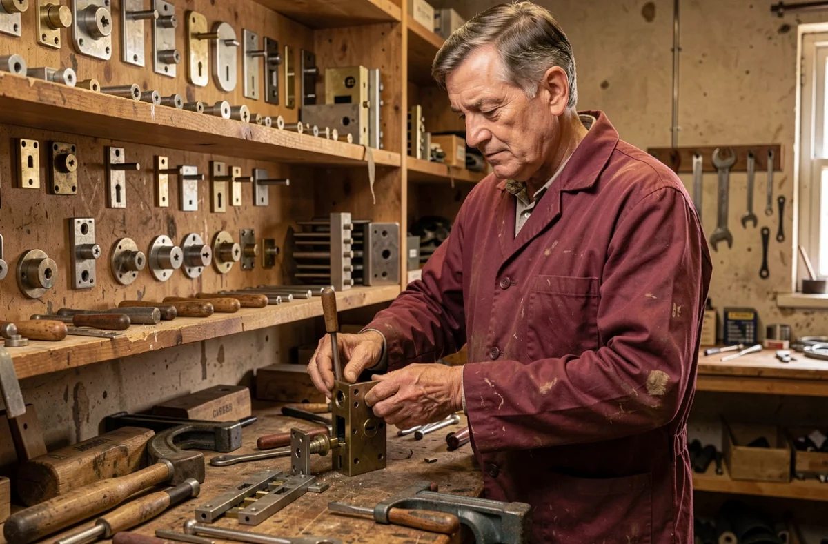 Artisan de l'Établissement Besseney assemblant une serrure à mortaise traditionnelle dans son atelier